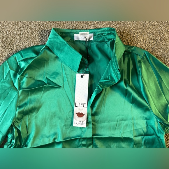 L.I.F.E. Luxurious Spliced Faux Feather Party Silky Blouse L💚New with Tags - Picture 7 of 10